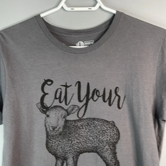HARM LESS THREADS Eat Your Own Leg Lamb Graphic Tee Grey Short Sleeve Crew L - Picture 4 of 9